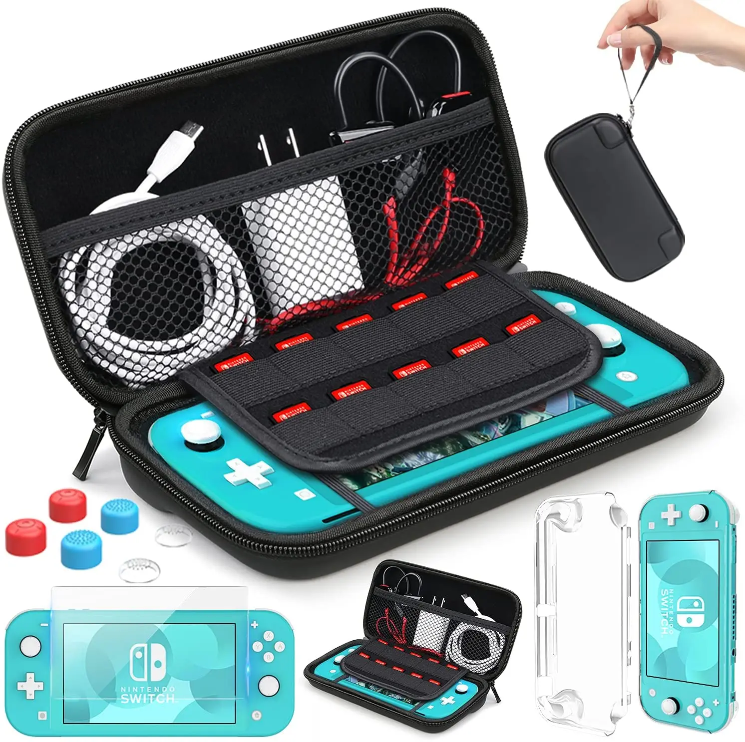 

Mooroer Compatible with Nintendo Switch Lite Carrying Case with Accessories Kit,Tempered Glass Screen Protector 6 Thumb Grip Cap