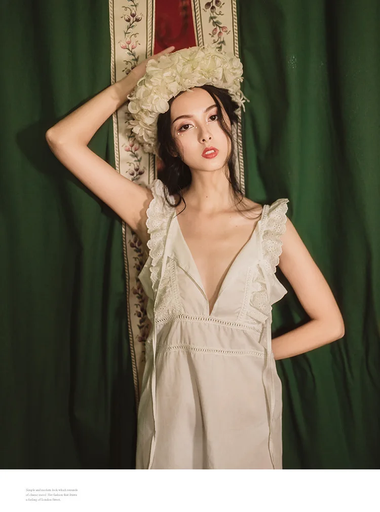 Pure cotton white pajamas, summer fresh princess, retro palace hollow strap suspender nightdress-10