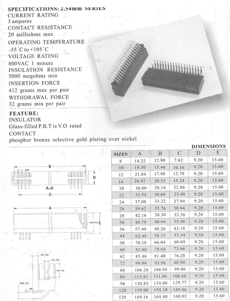 

50Pcs Card Edge Connector Right Angle Slot Pitch 2.54 mm 8/10/12/16/22/30/36/44/50/60/62/64/72 Pin Gold Finger Socket Through