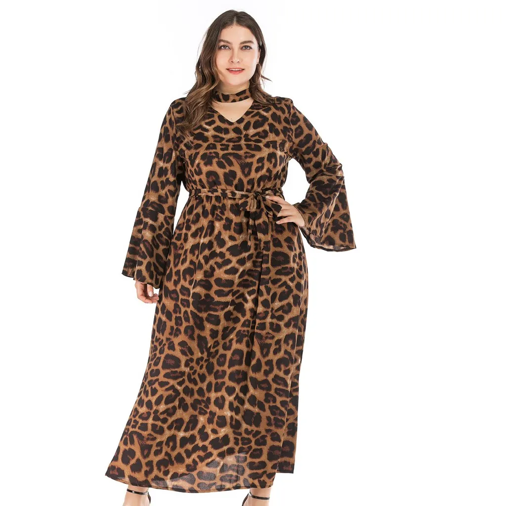 Женское леопардовое платье с длинным рукавом платья размера плюс для женщин