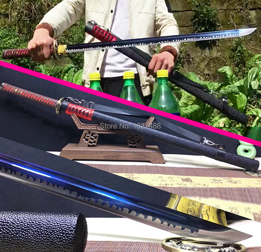 Японский самурайский прямой нож ручной работы сабель полный Танг голубой 1090