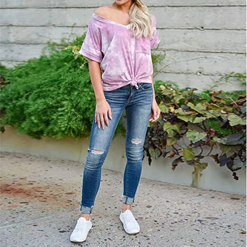 2020 Tie-dye Shirt Women Summer Short Sleeve V-neck T-shirt Casual Tops Tees Verano Mujer Woman Clothing Feminina Camiseta | Женская