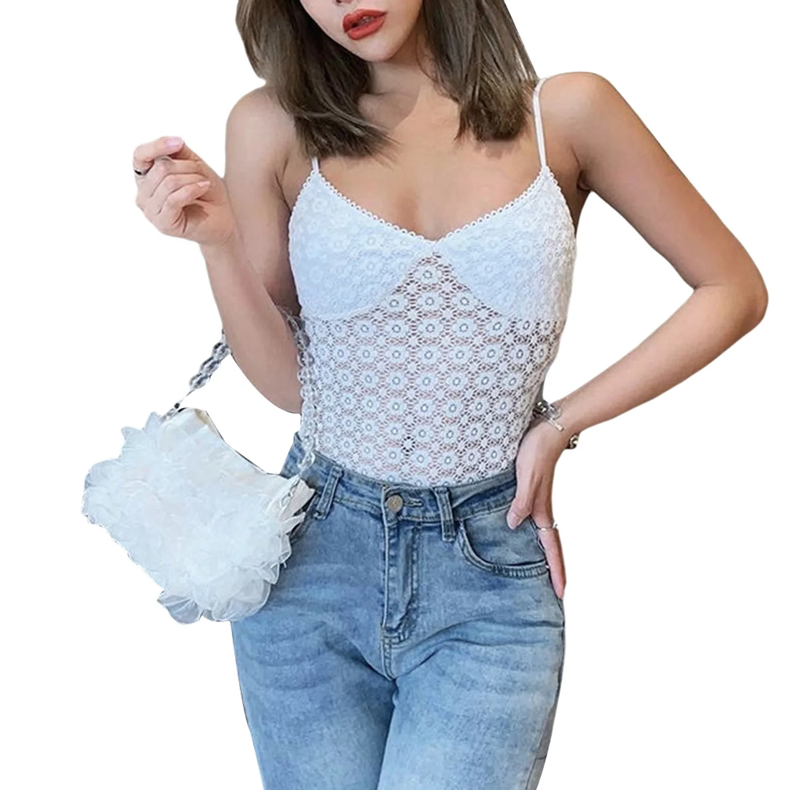 

Womens Fashion Tanks ,Solid Color Camisole Sexy Hollow Lace Stitching V-neck