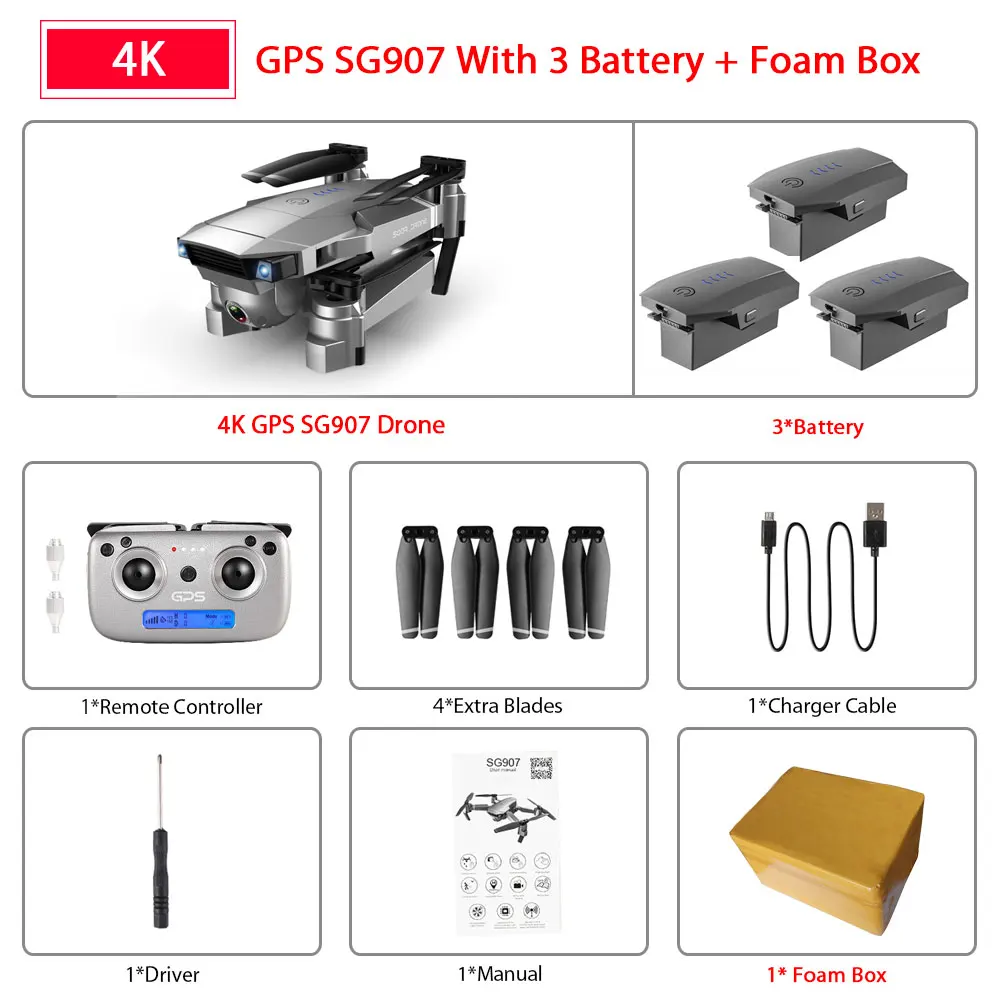 SG907 4K 3B Foam Box ZWN SG907 SG901 gps Радиоуправляемый квадрокоптер с Wifi FPV 1080P 4K HD Двойная камера оптический поток Дрон следуй за мной мини Дрон VS SG106 E502S - Цвет: SG907 4K 3B Foam Box