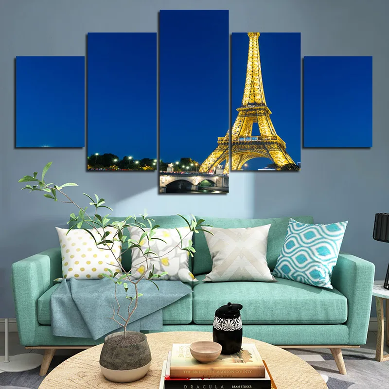 

5 Pcs Decorative Posters Eiffel Tower Golden Lighting Night Scene Canvas Frameless Hd Waterproof Ink Printing Art Painting