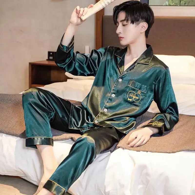 

Lapel Sleepwear Men Embroidery Pajamas Set Satin Loose Casual Sleep Set Big Size 2PCS Shirt&Pant Long Sleeve Collar Home Clothes
