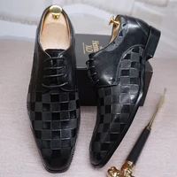luxury men dress shoes genuine leather derby shoes fashion plaid prints black brown lace up wedding office oxford formal shoes