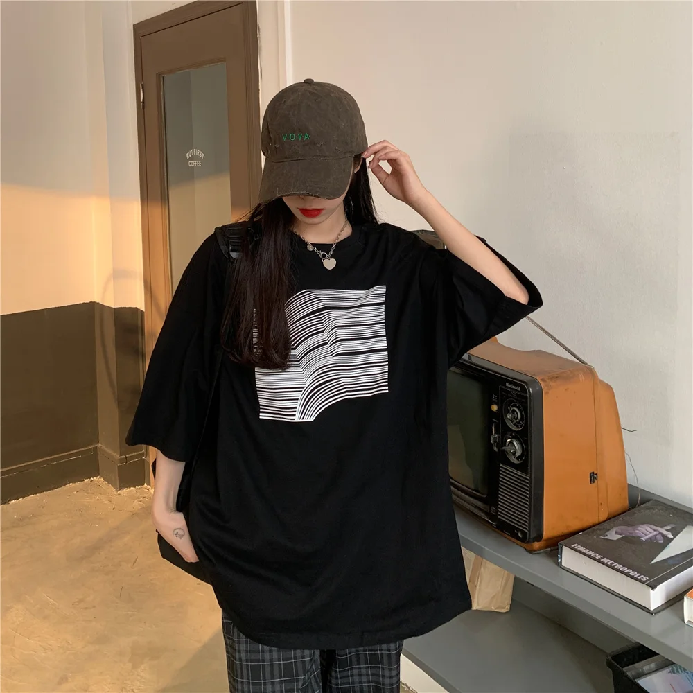 

2021 Summer Geometric Bar Graph Cotton Short-Sleeved T-Shirt Female Harajuku Style Aesthetic Korean Fashion Oversize Girl's Top