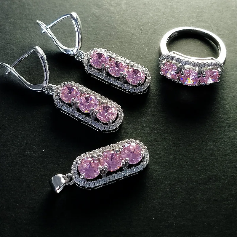 pink Bague Ringen, геометрическое серебро 925, ювелирные наборы для женщин, сапфир, рубин, аметист, изумруд, кольцо с камнями, серьги, ожерелье, вечерние - Gem Color: pink