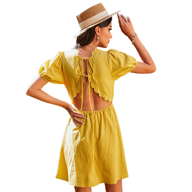 

2021 Summer Beach Backless Dresses Sexy Puff Sleeve O-neck Mini Bandage Dress Holiday Sundress Bohemian Solid Color Vestidos