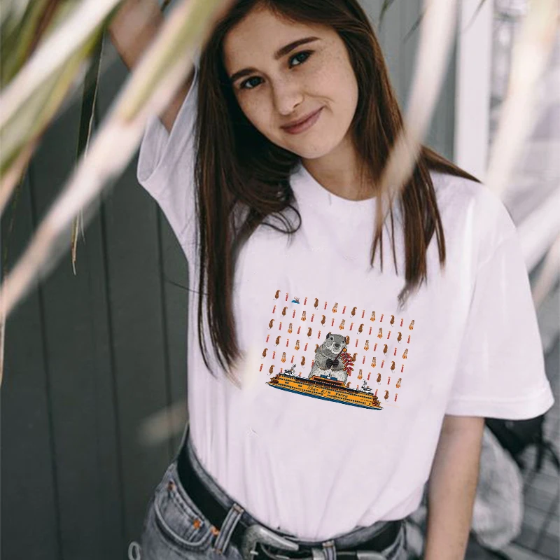 

Футболка в стиле Харадзюку с милым принтом животных, Свободная Повседневная летняя новая крутая универсальная белая рубашка с коротким рук...