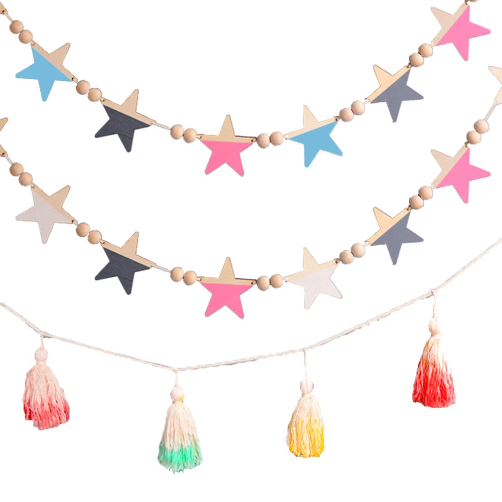 

Nordic Style Wall Hanging Ornament For Photography Props Cute Star Shape Wooden Beads Tassel Pendant Baby Room Decoration