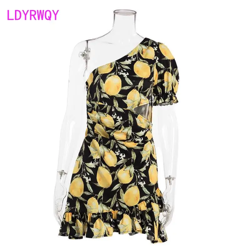 

LDYRWQY The summer new style print flounce ruffled sexy slim temperament dress Polyester Office Lady Knee-Length