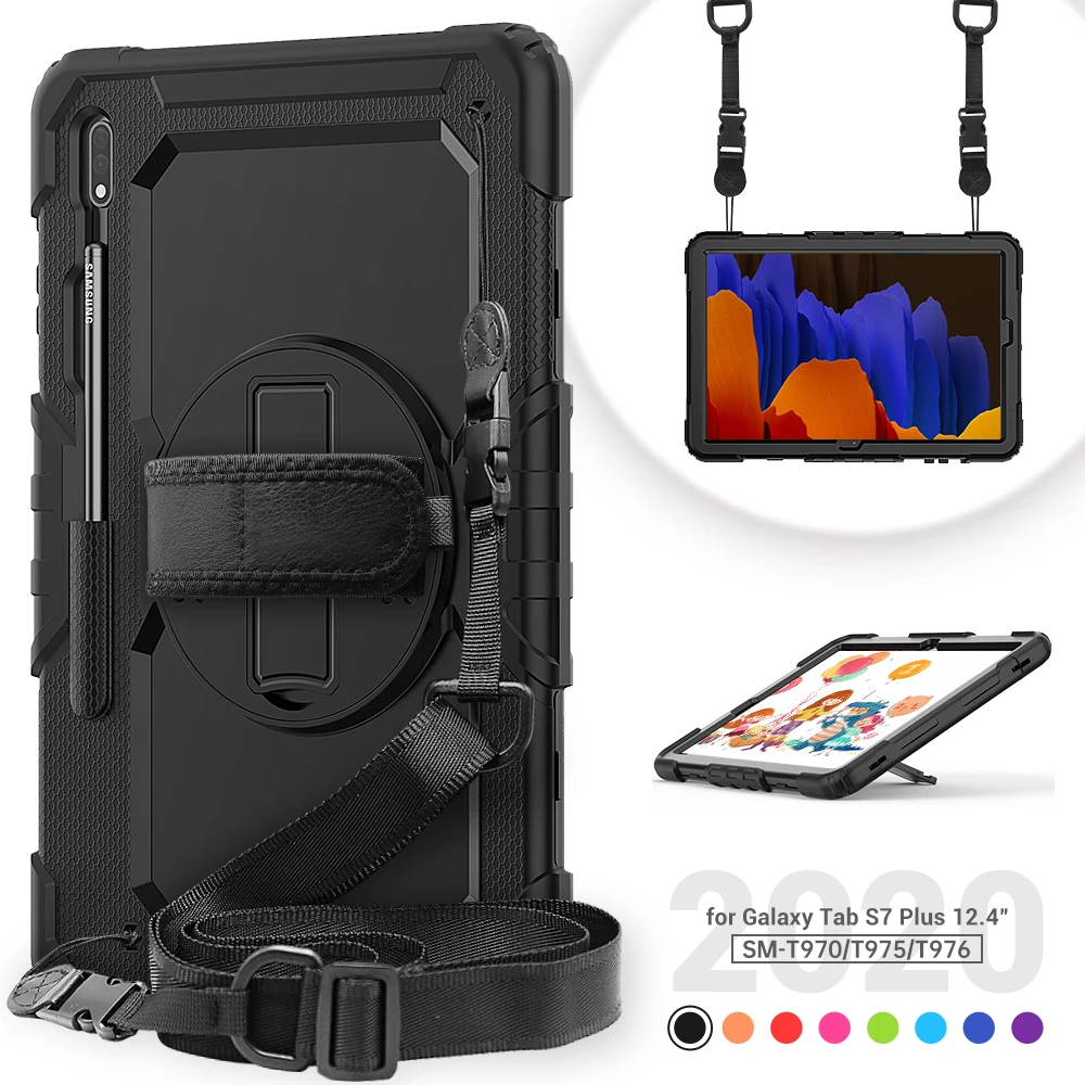 

360 Rotation Hand Strap&Kickstand Silicone Tablet Case for Samsung Galaxy Tab S7 Plus Case 2020 T970 T975 Protective Cover