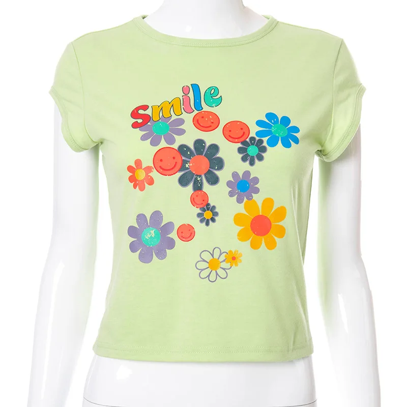 

Summer New 2021 Kawaii Y2K Floral Print Green Crop Tops Fashion Cute O-neck Short-Sleeved T-shirts Streetwear 2000s Tees Shirts