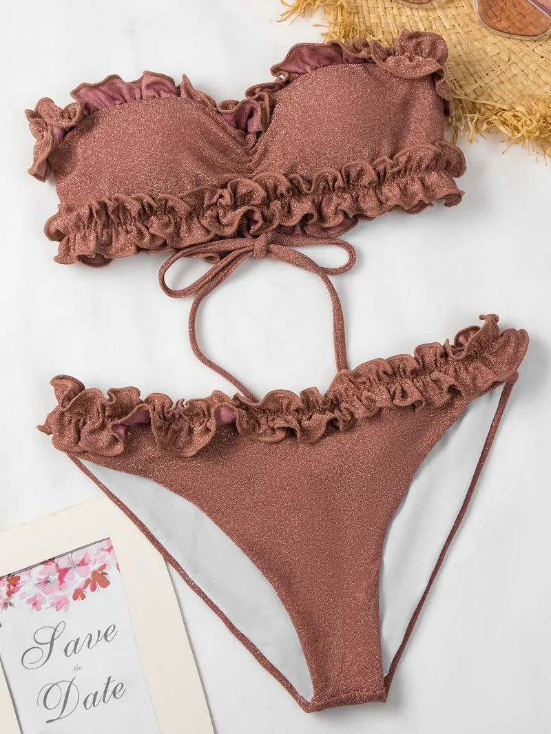 

Пикантный Женский комплект бикини без бретелек, женские топы с оборками без рукавов, бикини, трусики, однотонные коричневые купальники для ...