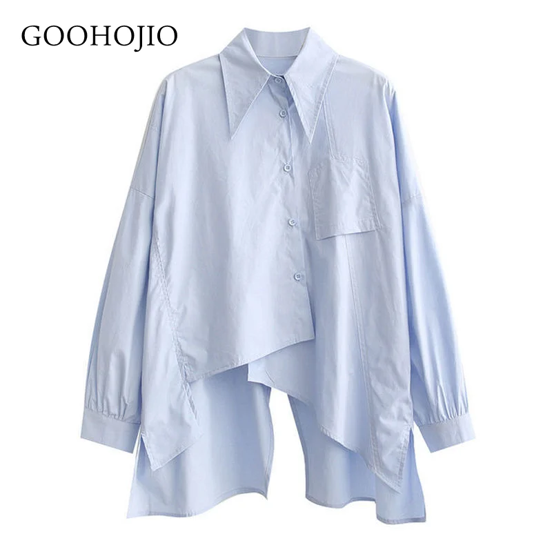 

Новинка 2021, весенне-осенняя Повседневная Асимметричная рубашка GOOHOJIO, женские универсальные рубашки с воротником-поло для женщин, модные же...