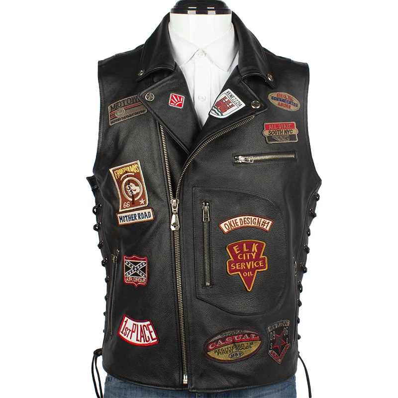 

2020 Black Men American Style Slim Fit Biker's Plus Size XXXXL Genuine Cowhide Autumn Short Motorcycle Leather Vest