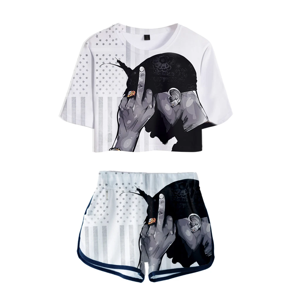 2pac Dew navel t shirt Two Pieces sets Women Fashion Clothes Famous singer 3D Print Piece Set+Short Pants Sports suit |