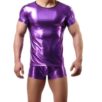 men undershirts shiny faux leather t shirts dance short sleeve tight tops tees boxer shorts underwear clubwear mens clothes set