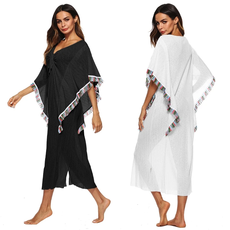 

Women Butterfly Sleeve Tassel Swimsuit Cover Up Sexy V-Neck Lace-Up Beach Dress