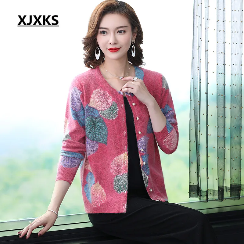 XJXKS 2020 spring winter new women Mink Cashmere sweater loose plus size fashion single-breasted cardigan printed |