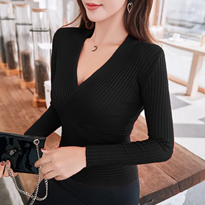 Свитер Женский вязаный эластичный с глубоким V-образным вырезом | Женская одежда