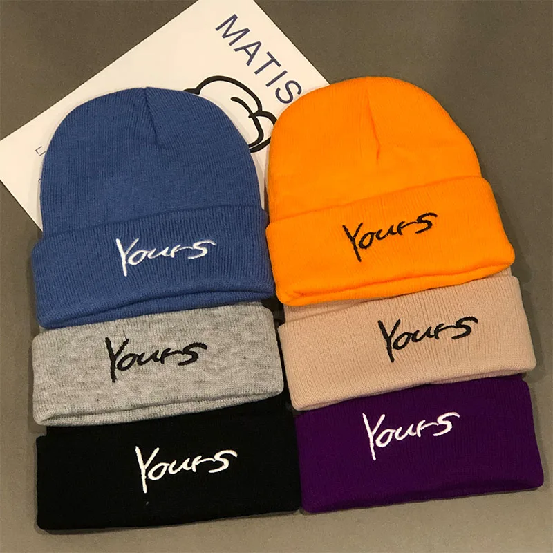Зимняя теплая вязаная шапка унисекс с вышитым надписью Yours для мужчин и женщин