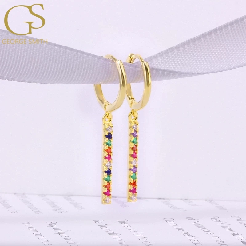 

GS Simple Design S925 Sterling Silver Long Bar Earrings Gold Rainbow CZ Huggie For Girl Woman Fine Jewelry Stud Earrings Brincos