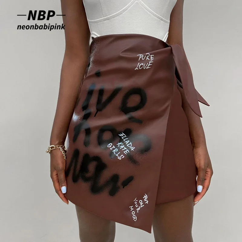 

NEONBABIPINK Graffiti Letter Printed PU Leather Skirt Winter Clothes Women 2021 Fashion Sexy Wrap Mini Skirts N76-DE25
