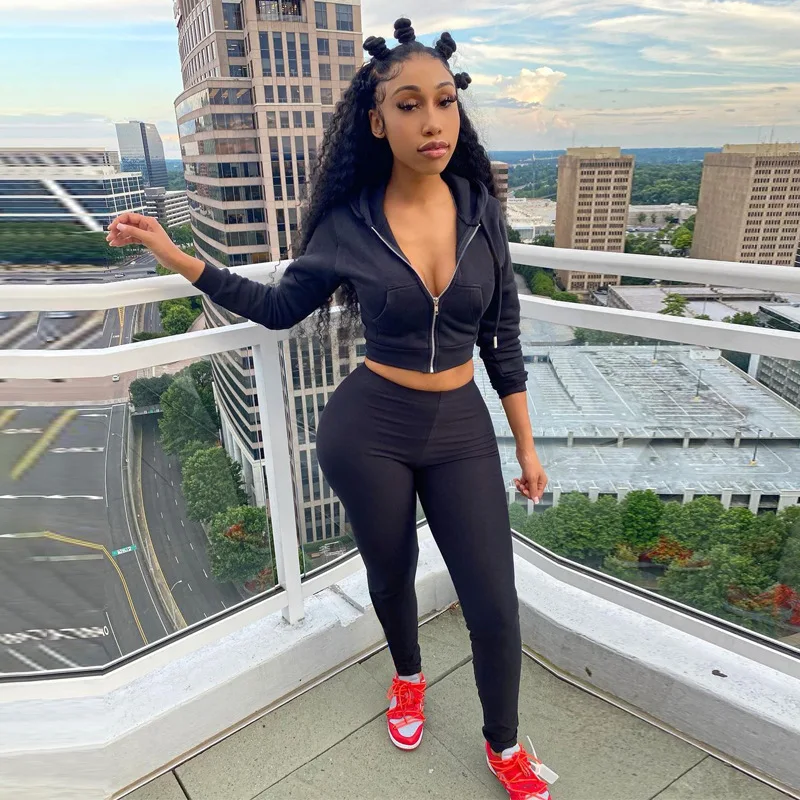 

Casual Hooded Cotton Female Outfit Soft Zipper Cardigan Tops Pencil Pants Woman Sporty Two Piece Fall Loose Workout Clothes 2021
