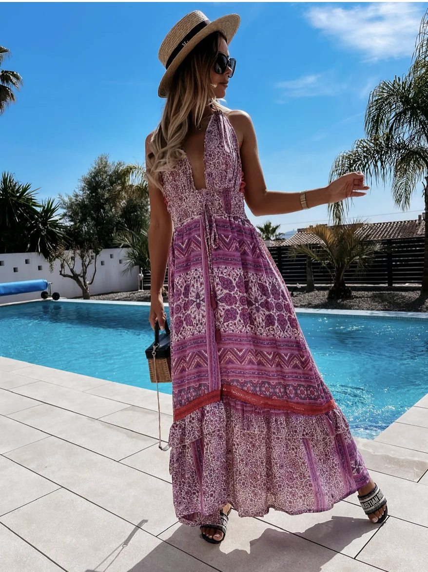 Robe Imprimée féminine Sexy V-cou Creux Dos Nu Spaghetti Sangle Licou Volanté à lacets robe Dames Plage Décontracté Vacances