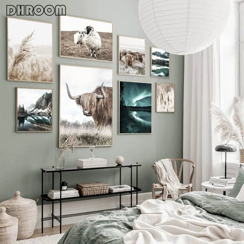 Северный пейзаж на холсте с горами, озером, коровой, овцой, скандинавским плакатом, печатью северного сияния, картиной для стены, декором гостиной.