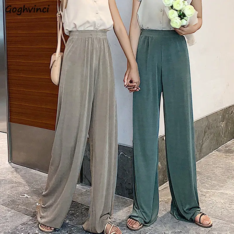 

Casual Pants Women Summer Wide-leg Mopping Drape Leisure Korean Style Elegant Slim Ice-silk Fashion Ins All-match Womens Chic