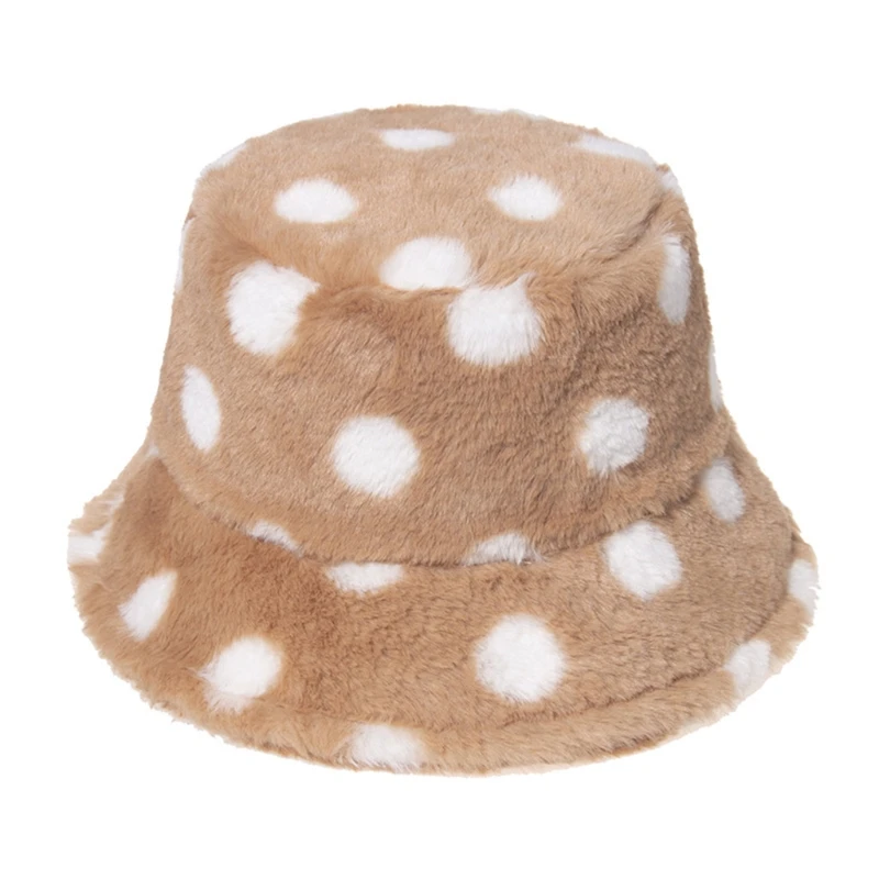 

Women Men Winter Warm Thick Fluffy Plush Bucket Hat Harajuku Vintage Polka Dot Print Wide Brim Vacation Packable Panama Cap 094B