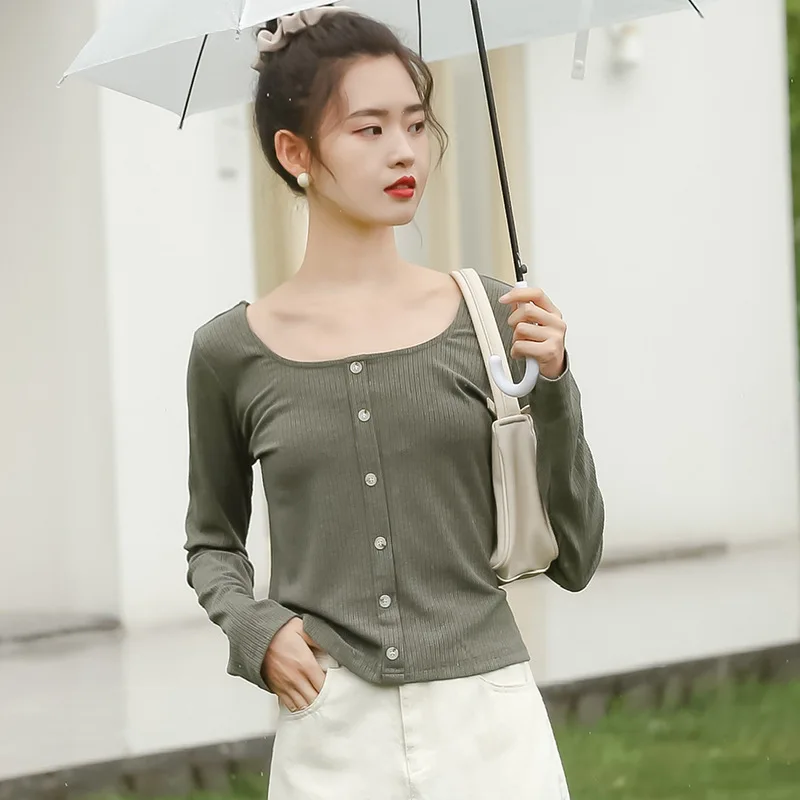 Женская Базовая футболка однобортный однотонный пуловер с квадратным вырезом в