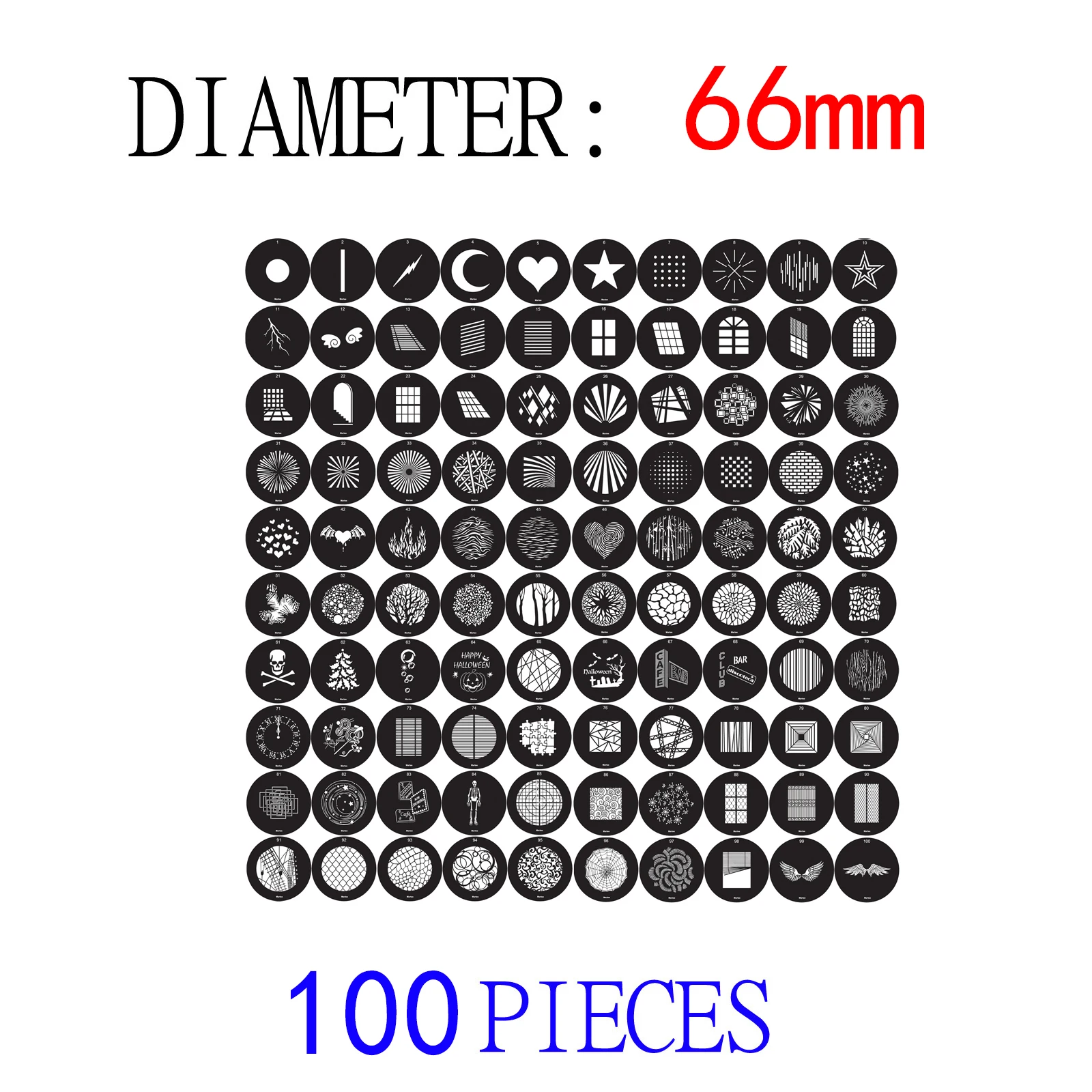 100 шт. 66 мм 2022 новые наборы Gobo маски вставки для Godox SA-09 001 002 003 004 S30 S60 SL150II VL150 VL200 Bowens светильник