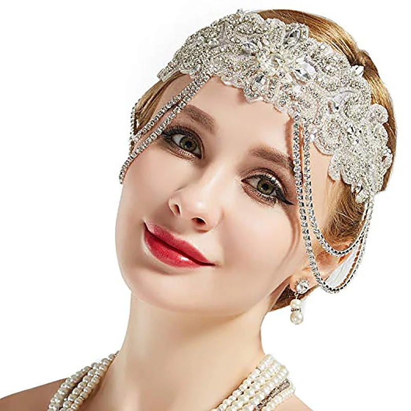 Обруч с завязкой Roaring 20S свадебный головной убор 1920S большой Gatsby аксессуар со стразами цепочка для 1920S тематический свадебный Cos