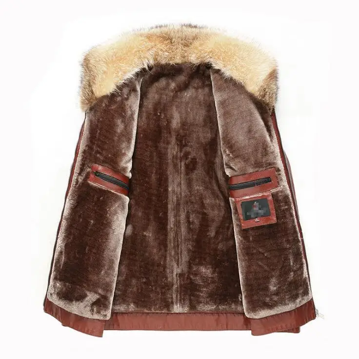 Мужское пальто из натуральной овечьей кожи с воротником меха енота в деловом