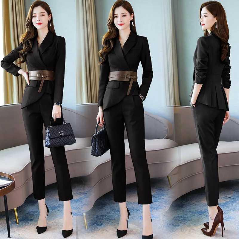 

New Spring Autumn Fashion Work Women's Business Pants Suits irregular Blazer With Belt Pants Suits For Women 2 Pieces Set