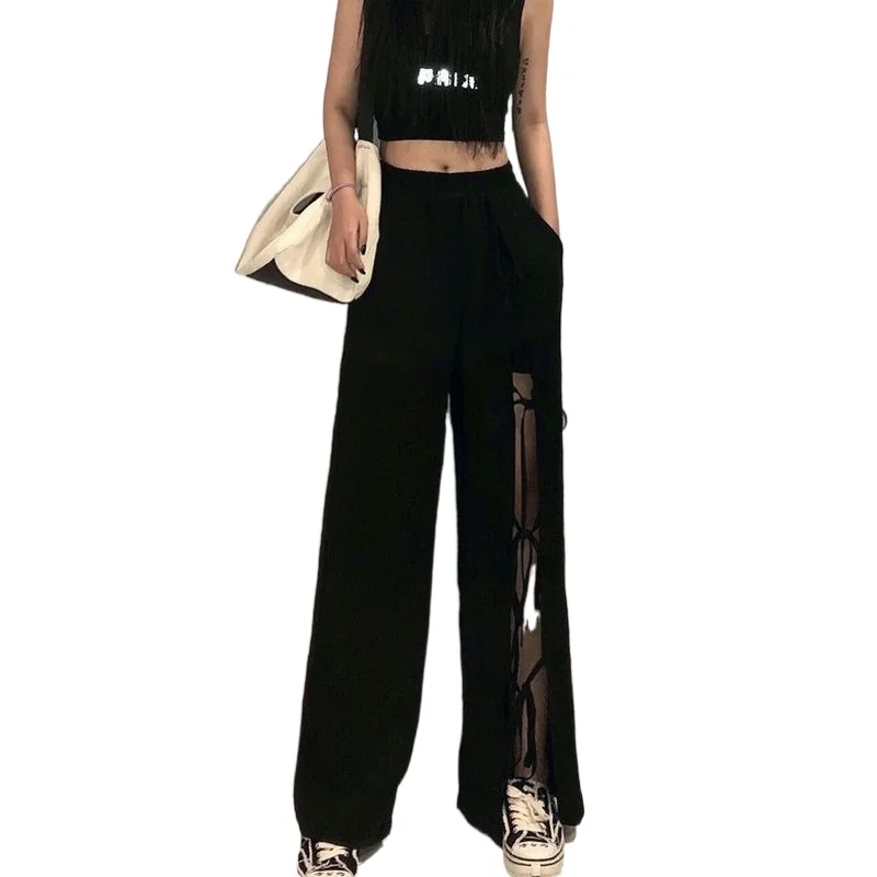 

Capris Bow High Waist Casual Wide-Leg Pants Women's Black Plus Size Fashion Bandage Straight Pants Split Long Pants Summer 2021