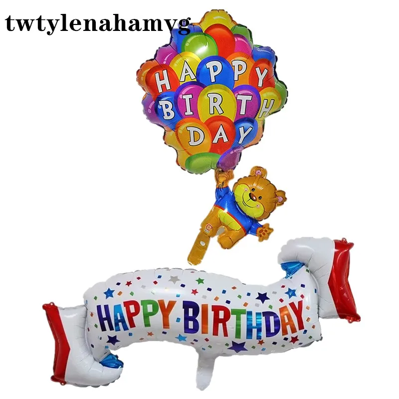 Полоса белый счастливый день рождения желтый медведь Фольга Воздушный шар День