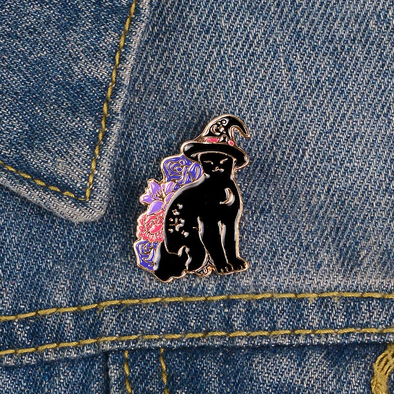 

Exquisite fashion cartoon punk wind dripping oil black hat cat pin clothing accessories witch cat backpack collar brooch