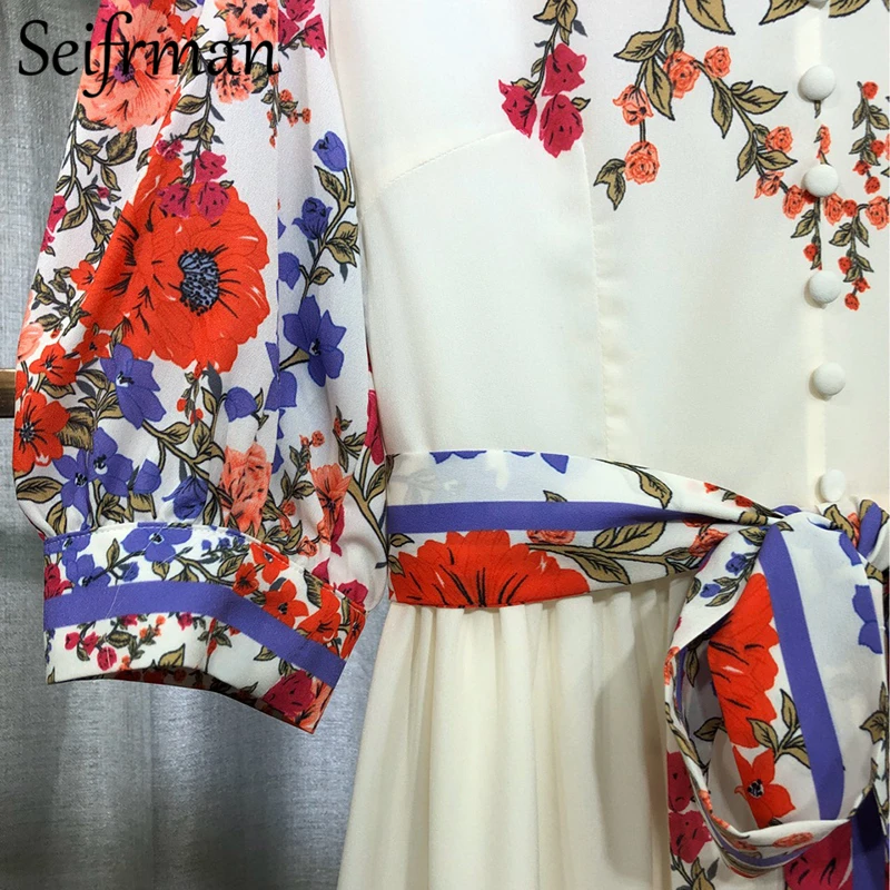 

Seifrmann New 2021 Summer Women Fashion RunwayParty Midi Dress Sexy V-Neck Bow Sashes Floral Print Ladies A-Line Dress Vestidos