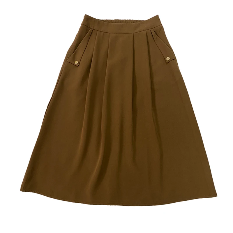 

Spring Summer Women's Korean All Match A-line Midi Skirts Elastic High Waist Vintage Plain Office Pocket Pleated Skirts B13009X