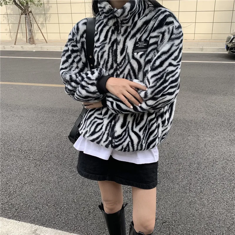 PERHAPS U Women White Black Faux Fur Jacket Outwear Zipper Warm Thick Zebra C0462