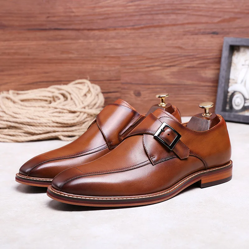 

Brand Flat Men Leather Wedding Shoes Black Brown Handmade Genuine Cow Leather Men Formal Shoes Slip on Buckle Plus Size 47
