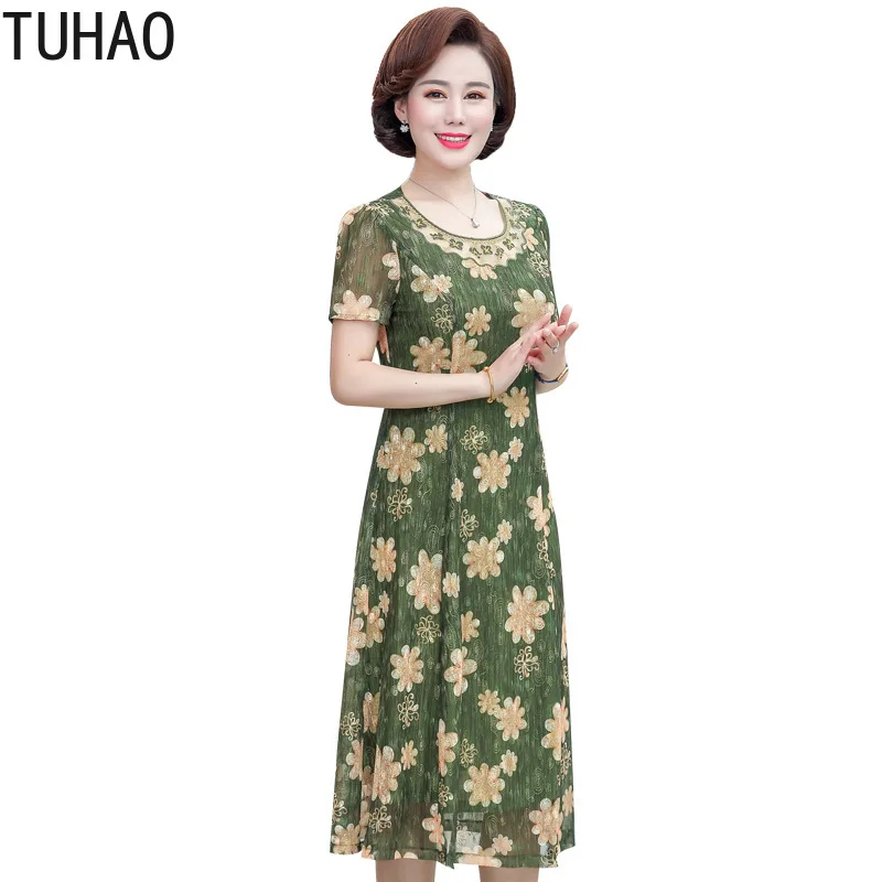 

TUHAO 2021 летнее платье для девочек для женщин; Большие размеры 4XL 3XL для среднего возраста; Женская обувь по колено Цветочный принт мохер мама Э...