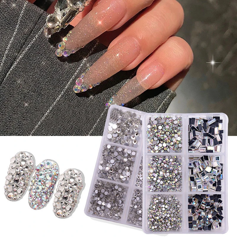 

Новая упаковка в коробке, стразы разных цветов, Стразы для ногтей с плоским дном, многоразмерные кристаллы для дизайна ногтей, 3D украшения, с...