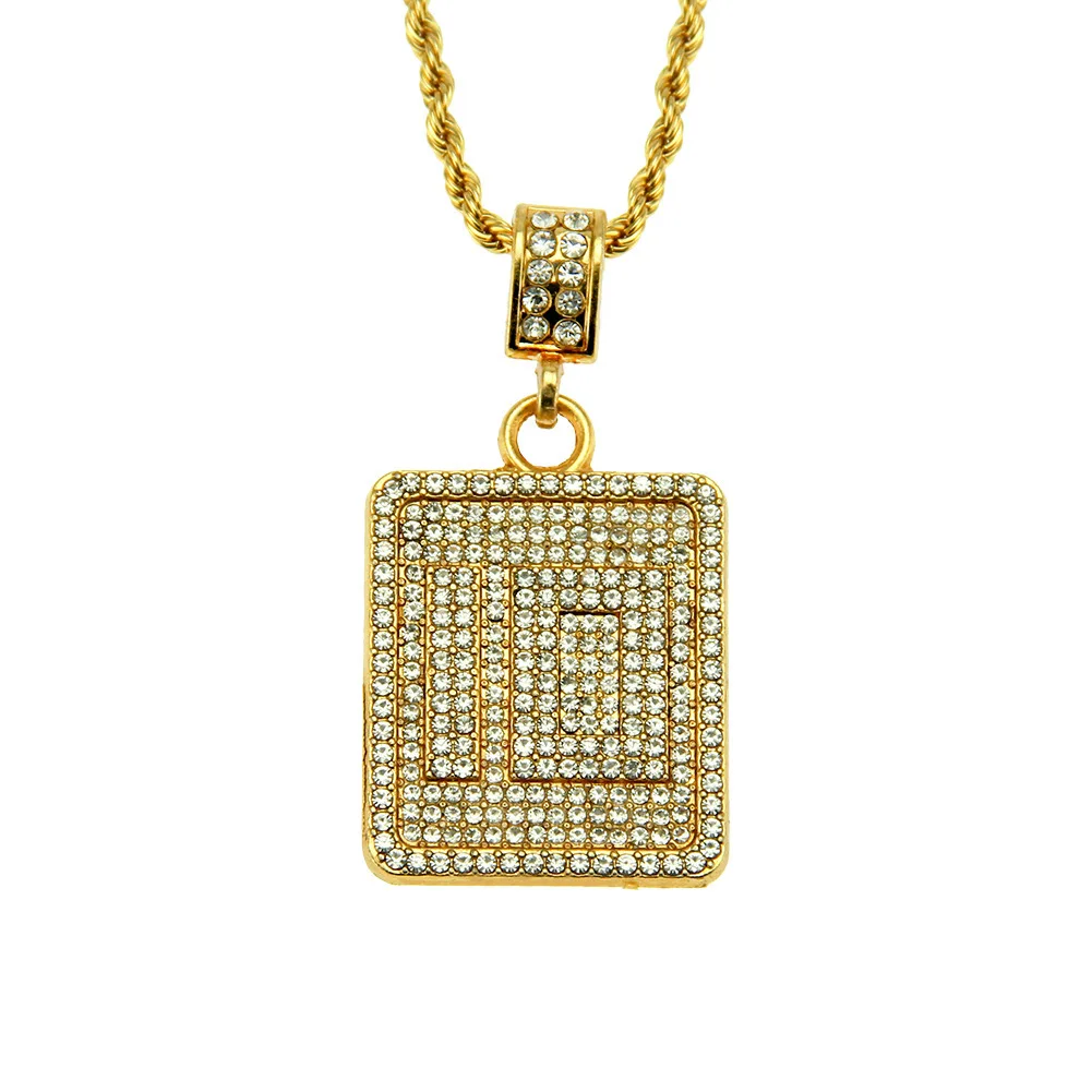 

European And American Hip-hop Rock Dance Personality Trend Full Diamond Super Flash Rectangular Pendant Boys' Necklace